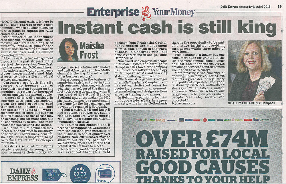 Daily Express Article ATM machine operator helps cash hold its ground